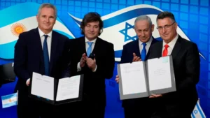 el-presidente-javier-milei-y-el-primer-ministro-benjamin-netanyahu-junto-al-canciller-pablo-quirno