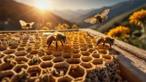 bees-collecting-nectar-from-honeycomb-during-sunset-in-a-vibrant-flower-filled-landscape-photo